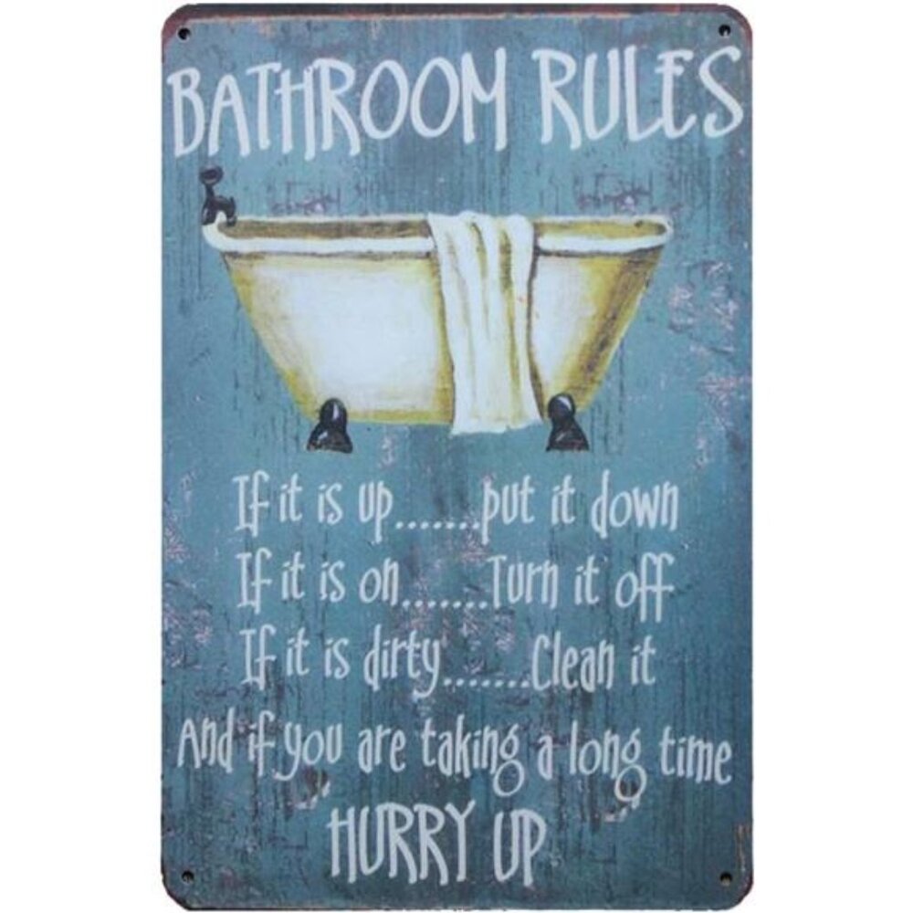 Bathroom Rules Rustic Bathroom Decor Retro Vintage Look Wall Tin Sign 12" X 8"